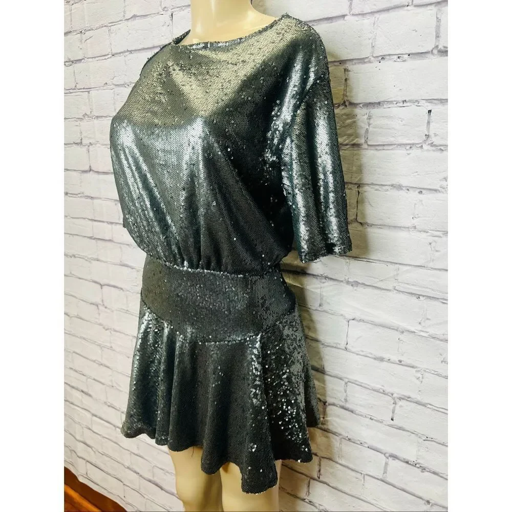 Free People Womens Gunmetal Gray Sequin Futter Sleeve Manuka Mini Dress Size XS